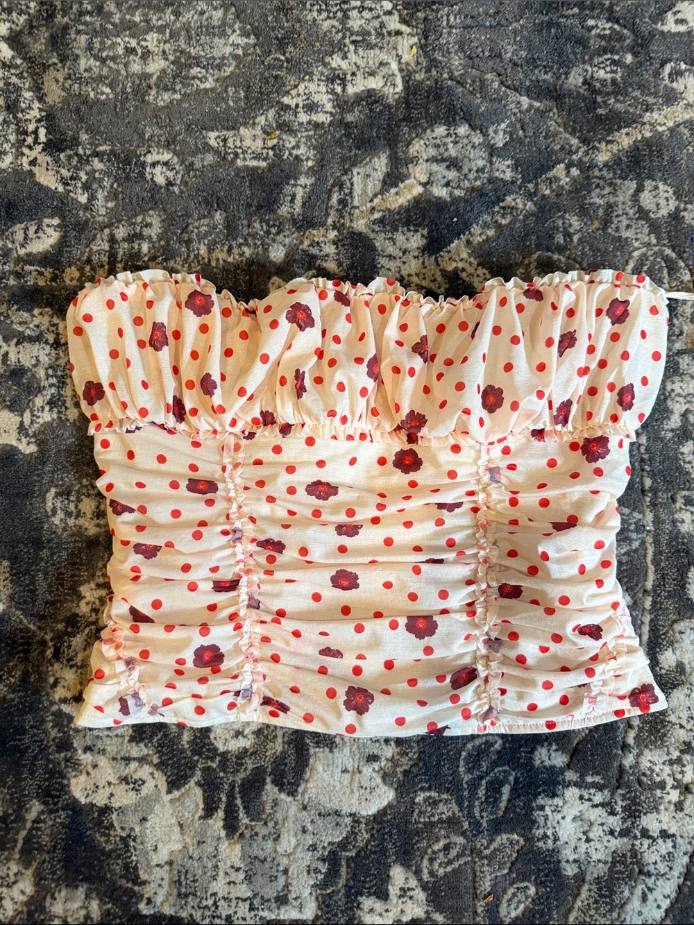 Women’s  Free People Cream Ruched Strapless Crop Top with Red Floral Dot Print